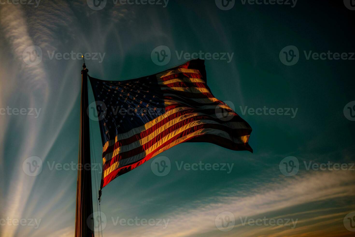 un grande americano bandera volador alto en el cielo. ai generado foto