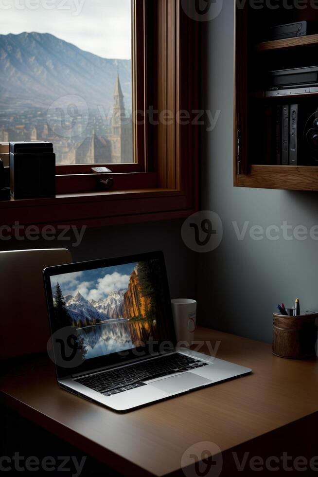 A Laptop Computer Sitting On Top Of A Wooden Desk. photo