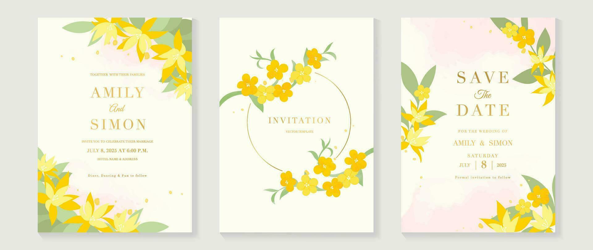 Luxury botanical wedding invitation card template. Watercolor card with gold line art, flower, leaves branches, foliage. Elegant blossom vector design suitable for banner, cover, invitation.