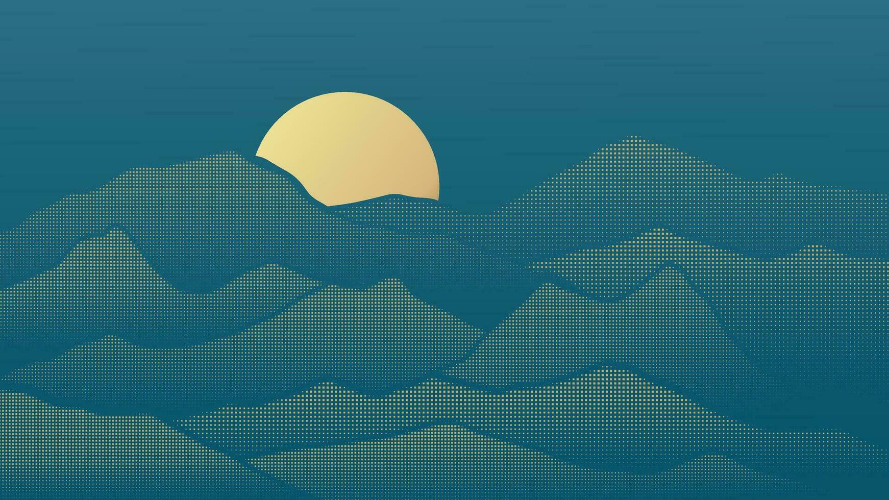 Abstract mountain background vector. Mountain landscape with fading dot effect, moon, halftone, dot grunge texture. Blue hills art wallpaper design for print, wall art, cover and interior. vector