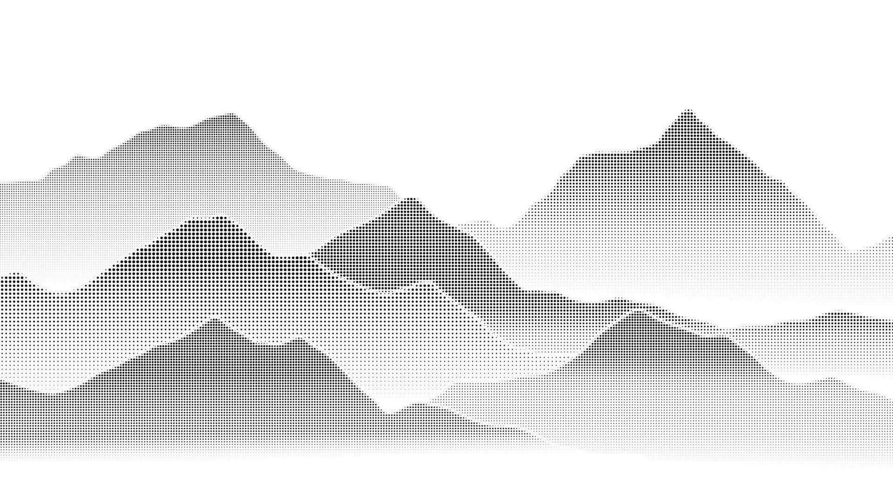 resumen montaña antecedentes vector. montaña paisaje con desvanecimiento punto efecto, medios tonos, punto grunge textura. negro y blanco colinas Arte fondo de pantalla diseño para imprimir, pared arte, cubrir y interior. vector