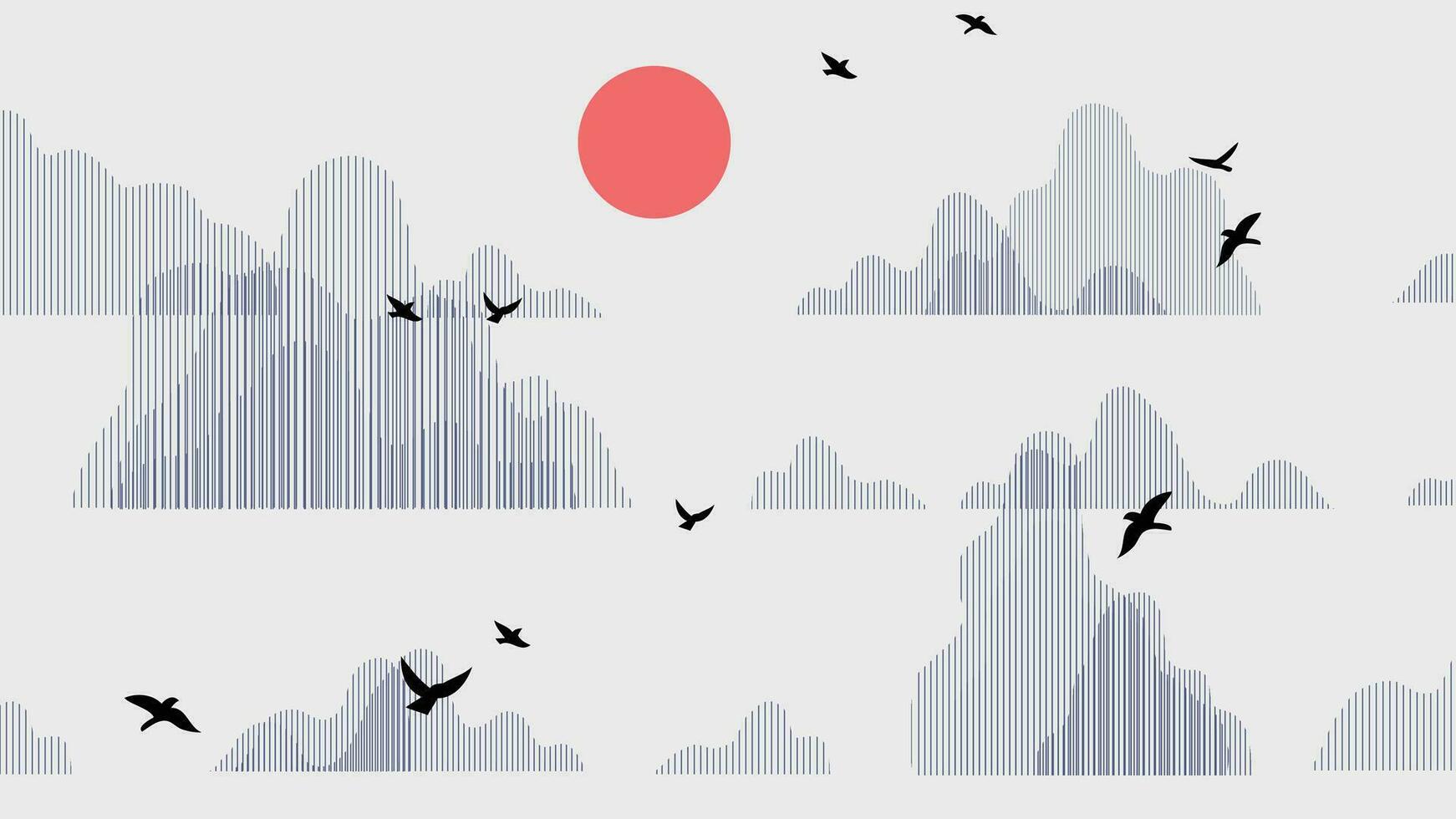 Abstract mountain background vector. Mountain landscape with line art pattern, sun, bird, halftone. Grunge noise hills art wallpaper design for print, wall art, cover and interior. vector