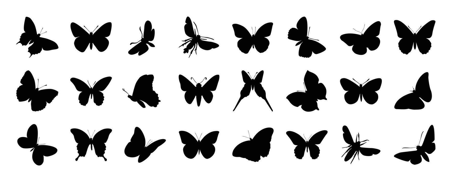 conjunto de mariposa silueta vector. mariposas, polilla y insecto en diferente alas estilo formas, volador. mano dibujado negro insecto ilustración para logo diseño, pegatina, cubrir, y2k diseño, iconos vector