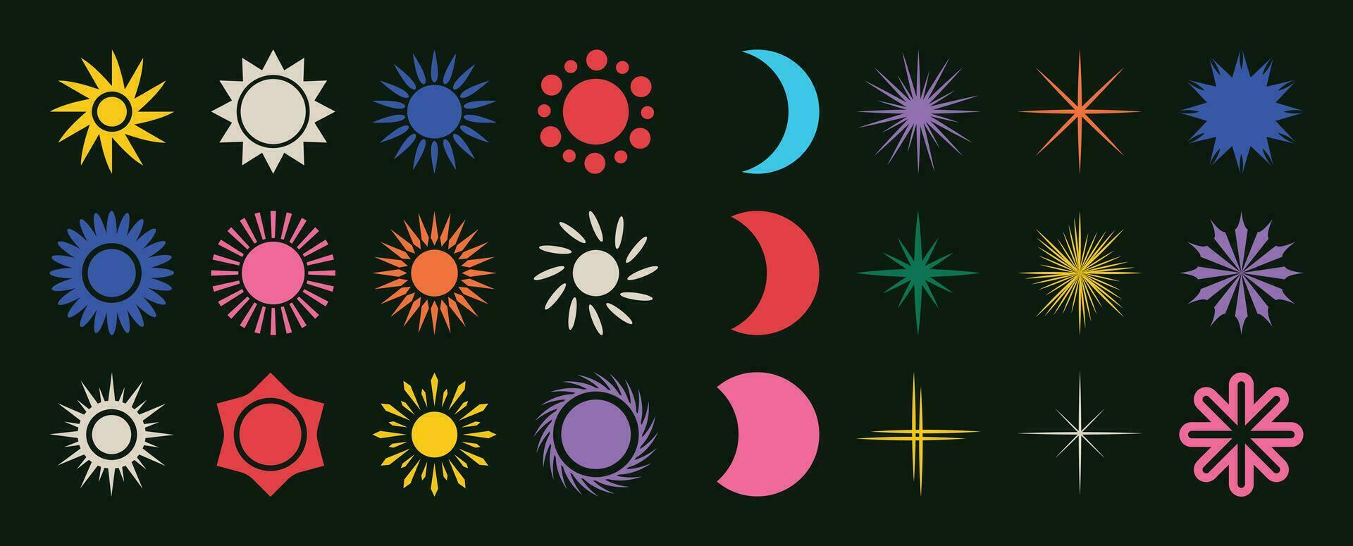 Set of abstract retro geometric shapes vector. Collection of contemporary figure, sparkle, moon, sun in 70s groovy style. Bauhaus Memphis design element perfect for banner, print, stickers, decor. vector