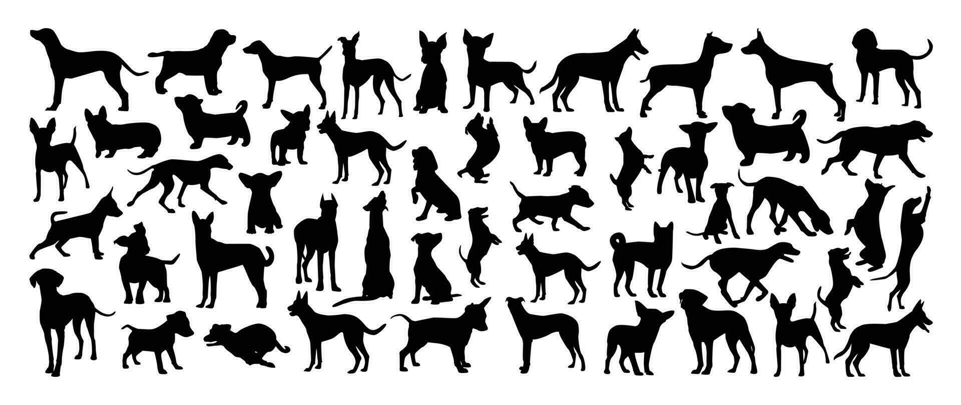 Set of dog silhouette vector. Dogs and puppies in different breed, corgi, golden retriever, poses, sitting, standing, jump. Hand drawn pet animals for pet shop, logo design, decorative, sticker vector