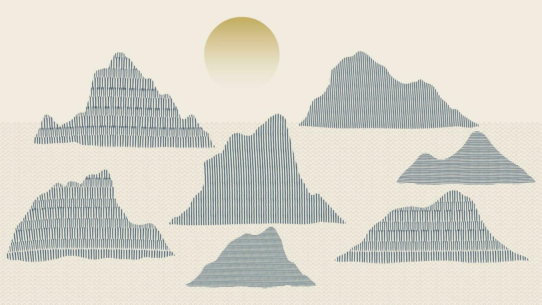 montaña en oriental estilo antecedentes vector. chino paisaje con punto patrón, sierras, linea solar arte, japonés modelo. mínimo montañas Arte fondo de pantalla diseño para imprimir, pared arte, cubrir y interior. vector