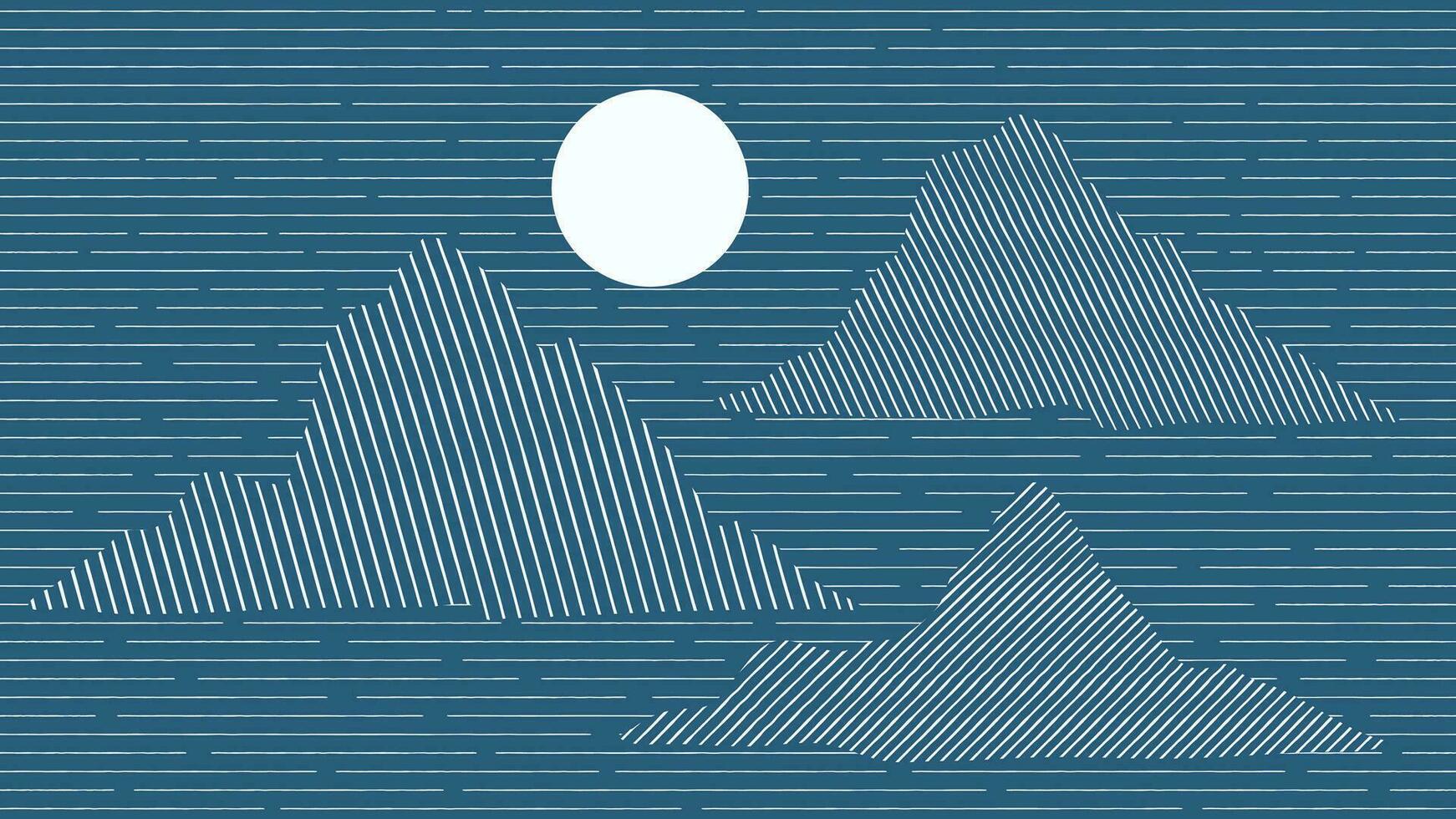 resumen montaña antecedentes vector. montaña paisaje con desvanecimiento línea efecto, luna, línea grunge textura. azul colinas Arte fondo de pantalla diseño para imprimir, pared arte, cubrir y interior. vector