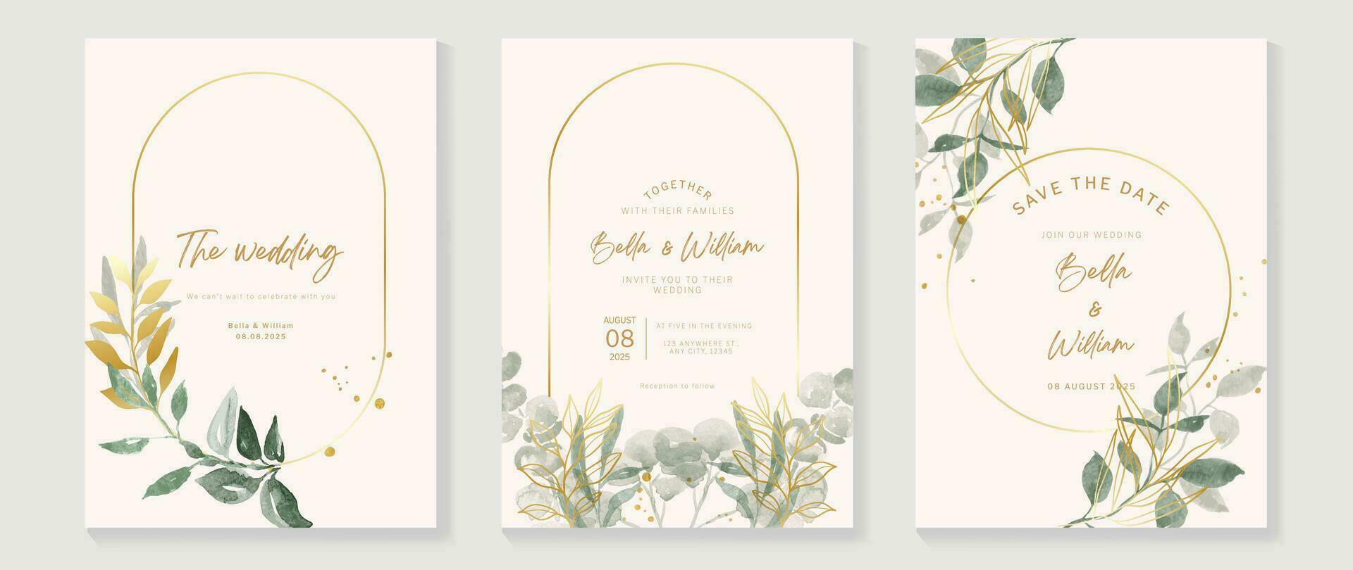 Luxury botanical wedding invitation card template. Watercolor card with gold line art, flower, eucalyptus leaves, foliage. Elegant blossom vector design suitable for banner, cover, invitation.