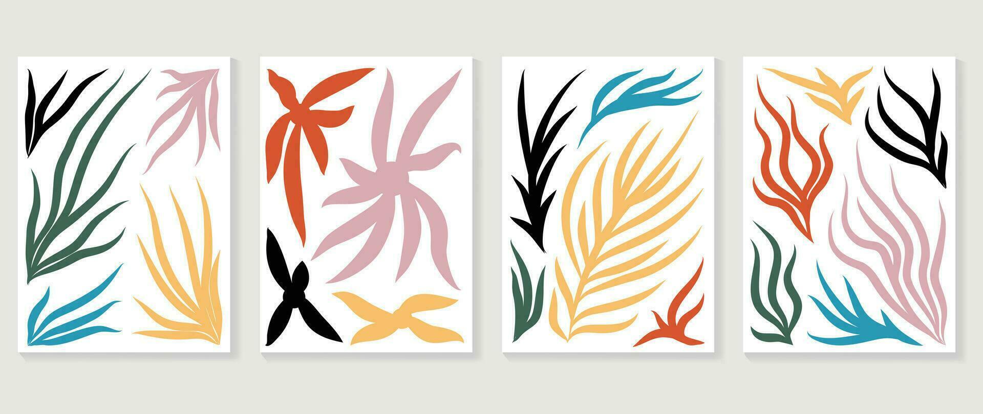 Set of abstract colorful cover background. Collection of plants, leaf branch, coral, algae in hand drawn style. Contemporary aesthetic illustrated design for wall art, decoration, wallpaper, print. vector