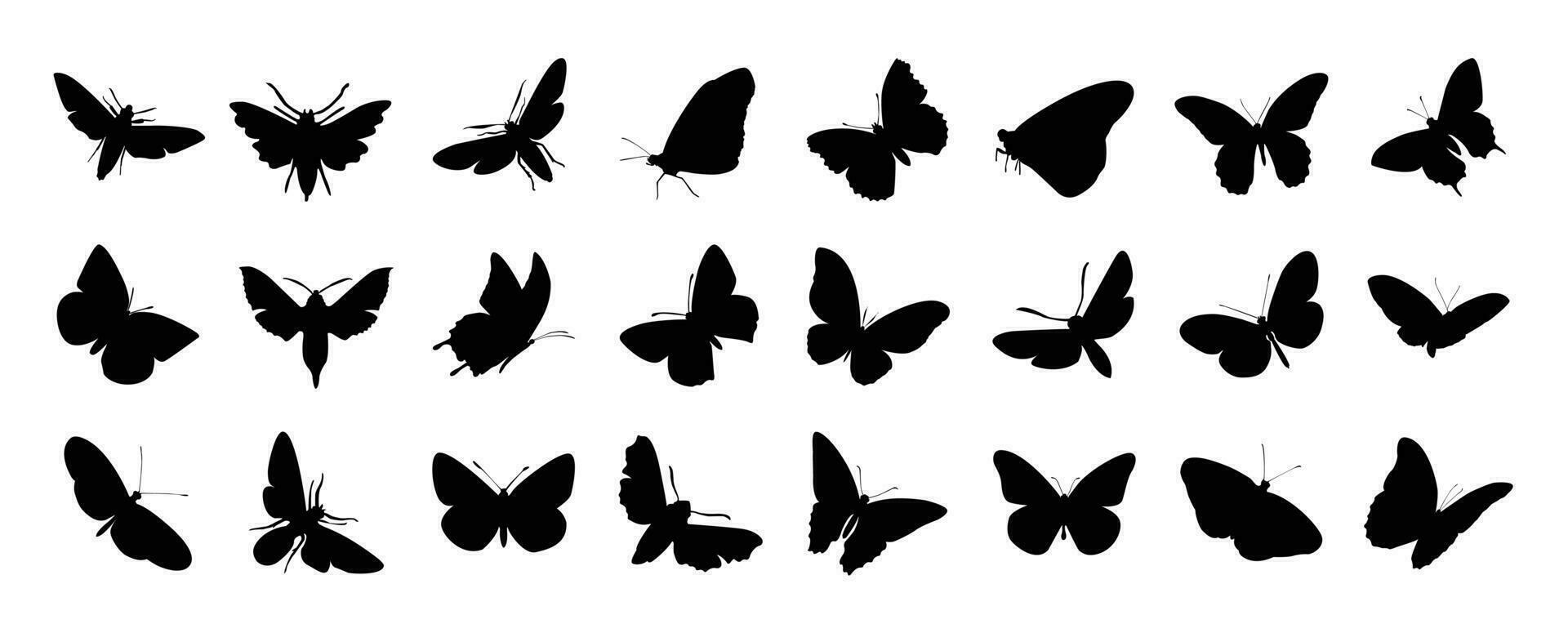 conjunto de mariposa silueta vector. mariposas, polilla y insecto en diferente alas estilo formas, volador. mano dibujado negro insecto ilustración para logo diseño, pegatina, cubrir, y2k diseño, iconos vector