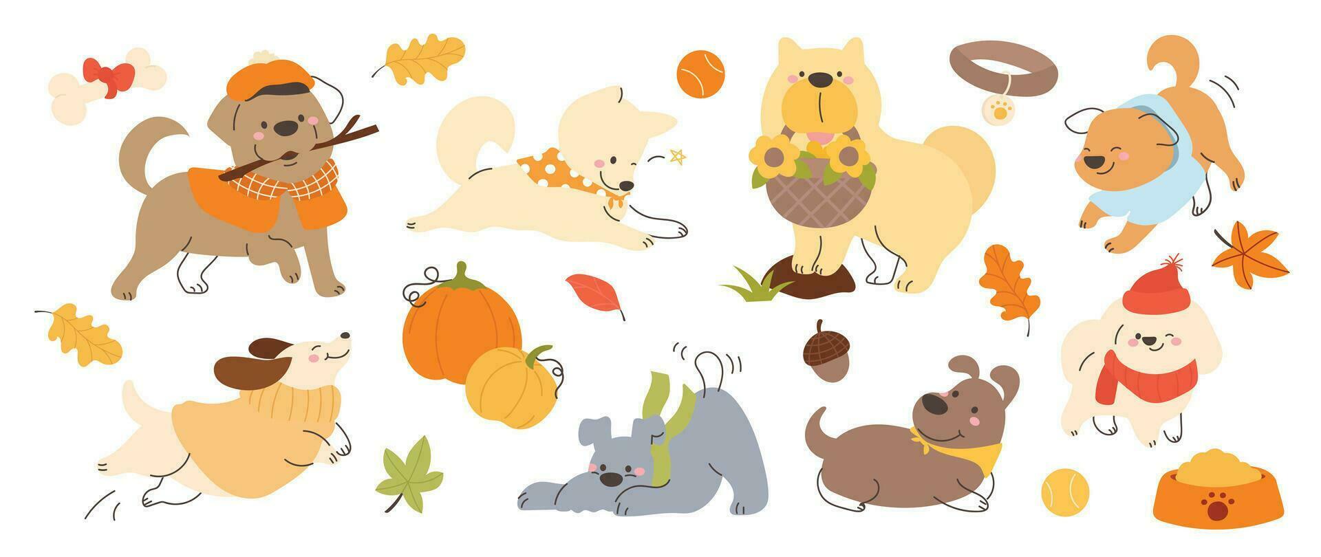 Set of cute animal vector. Autumn season with dogs, friendly pets, clothing, element in fall season in doodle pattern. Adorable funny animal and characters hand drawn collection on white background. vector