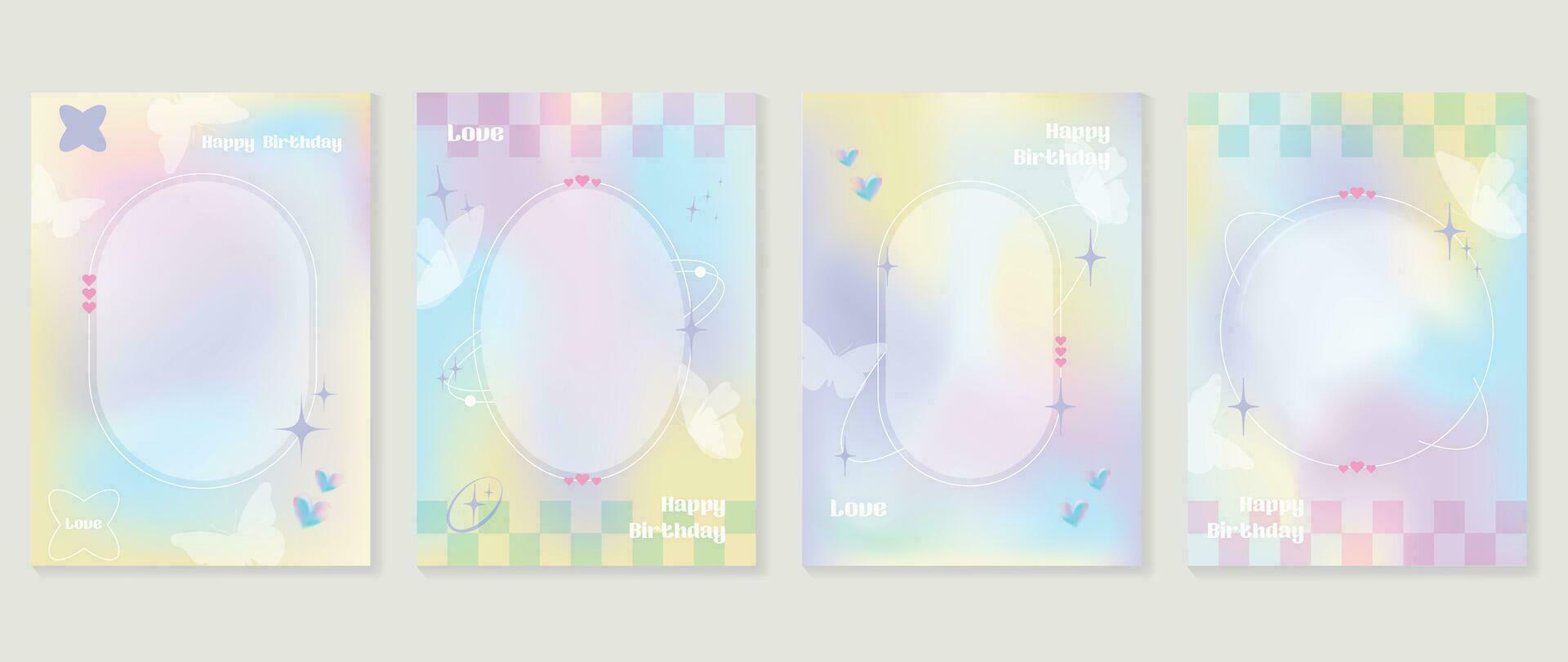 Idol lover posters set. Cute gradient holographic background vector with heart pixel, star, butterflies, halftone. Y2k trendy wallpaper design for social media, cards, banner, flyer, brochure.