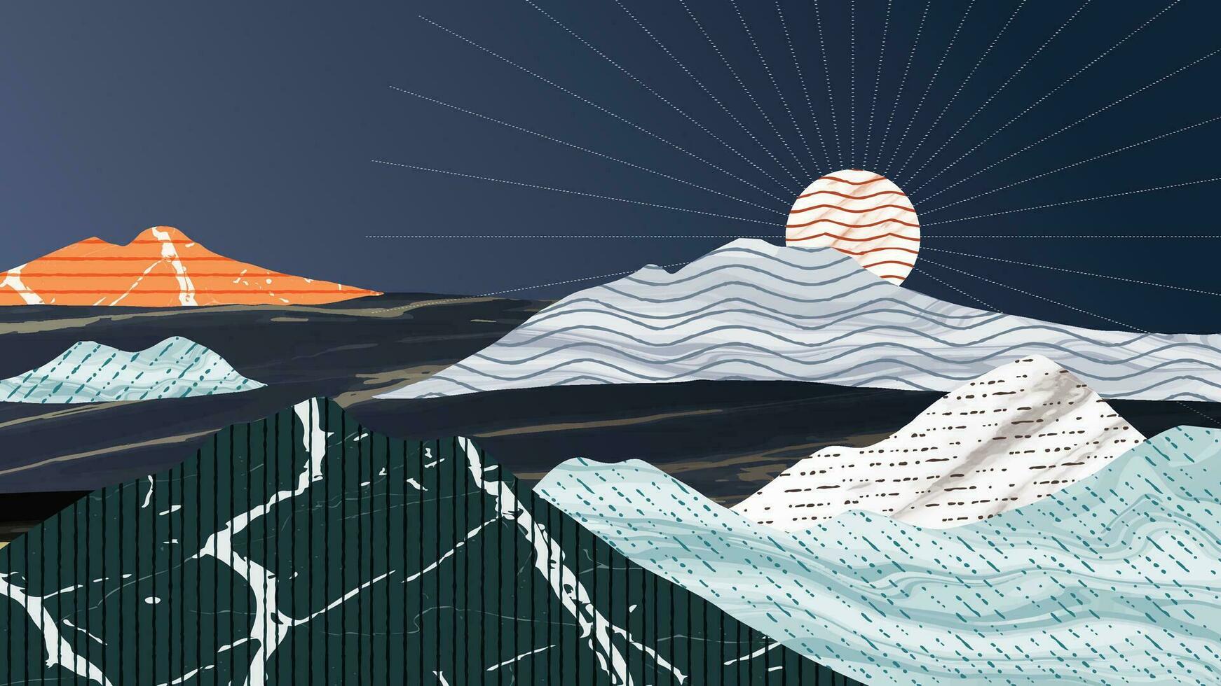 resumen montaña antecedentes vector. montaña paisaje con línea Arte patrón, acuarela cepillo textura, Dom rayo. grunge textura colinas Arte fondo de pantalla diseño para imprimir, pared arte, cubrir y interior. vector