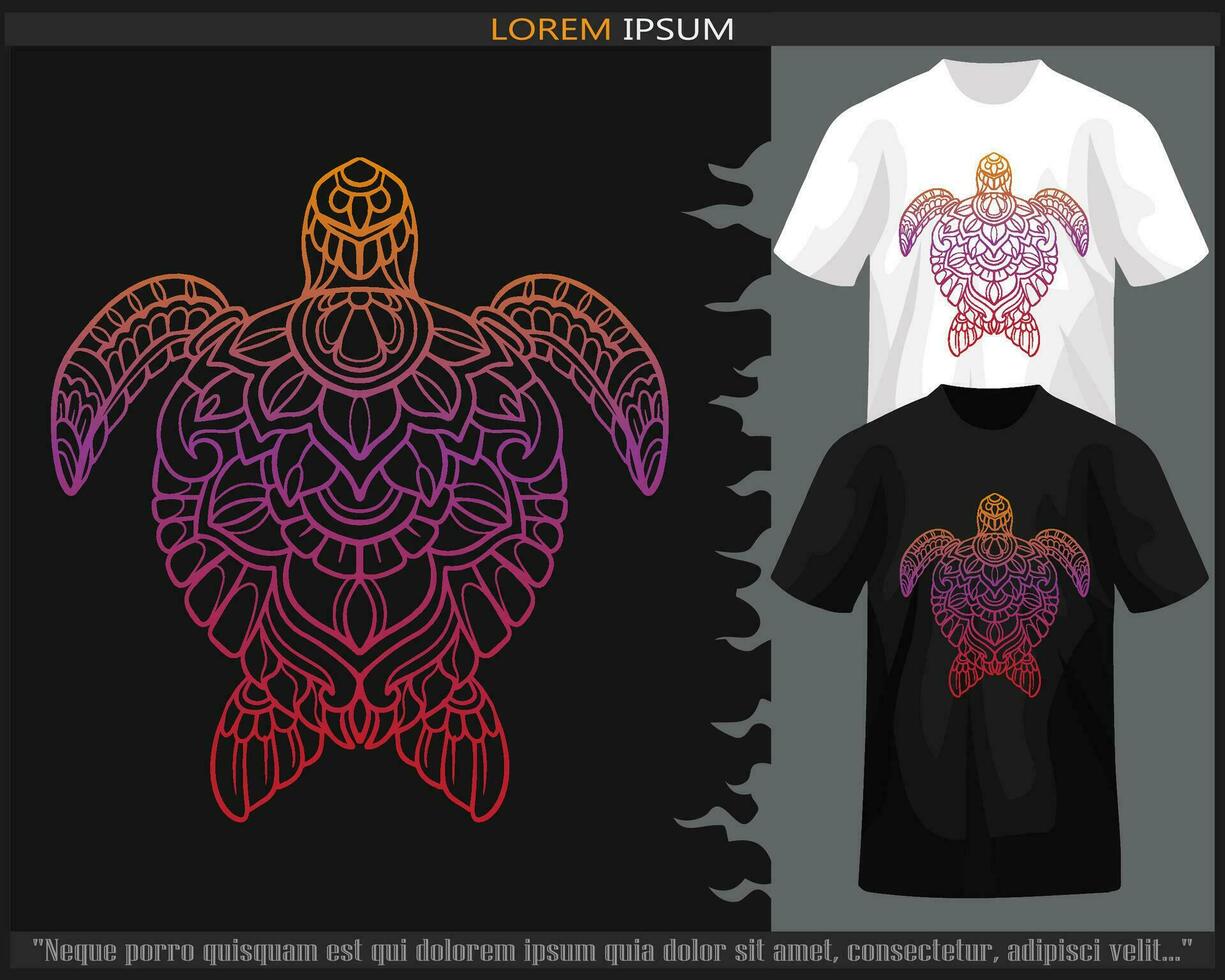 Gradient Colorful sea turtle mandala arts isolated on black and white t shirt. vector