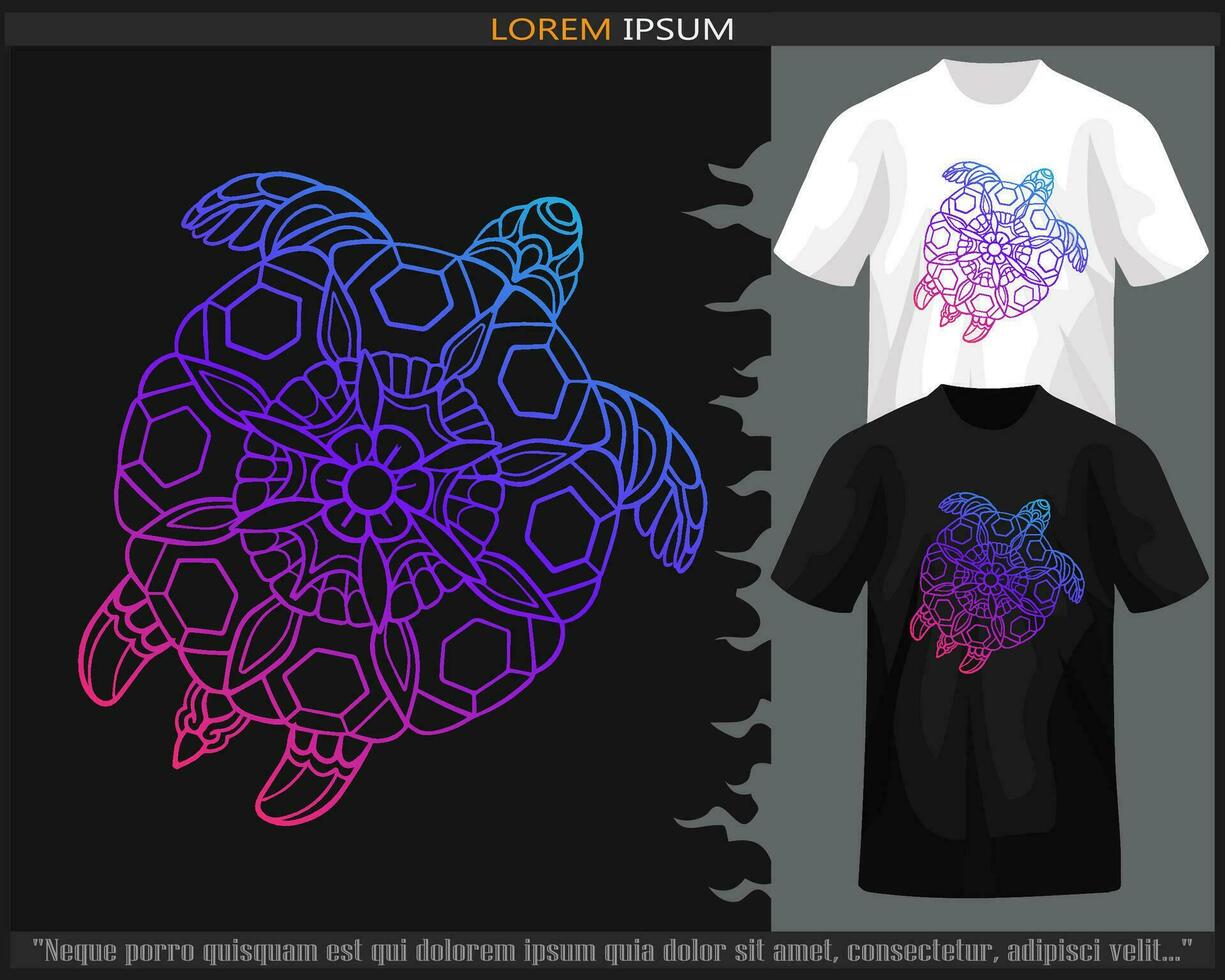 Gradient Colorful sea turtle mandala arts isolated on black and white t shirt. vector