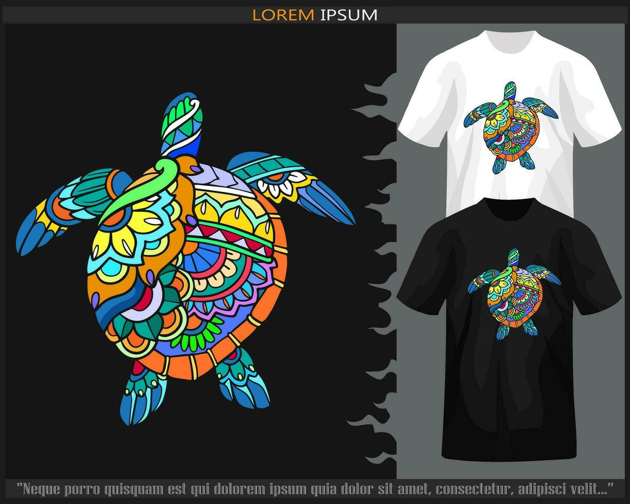 Colorful Sea turtle mandala arts isolated on black and white t shirt. vector