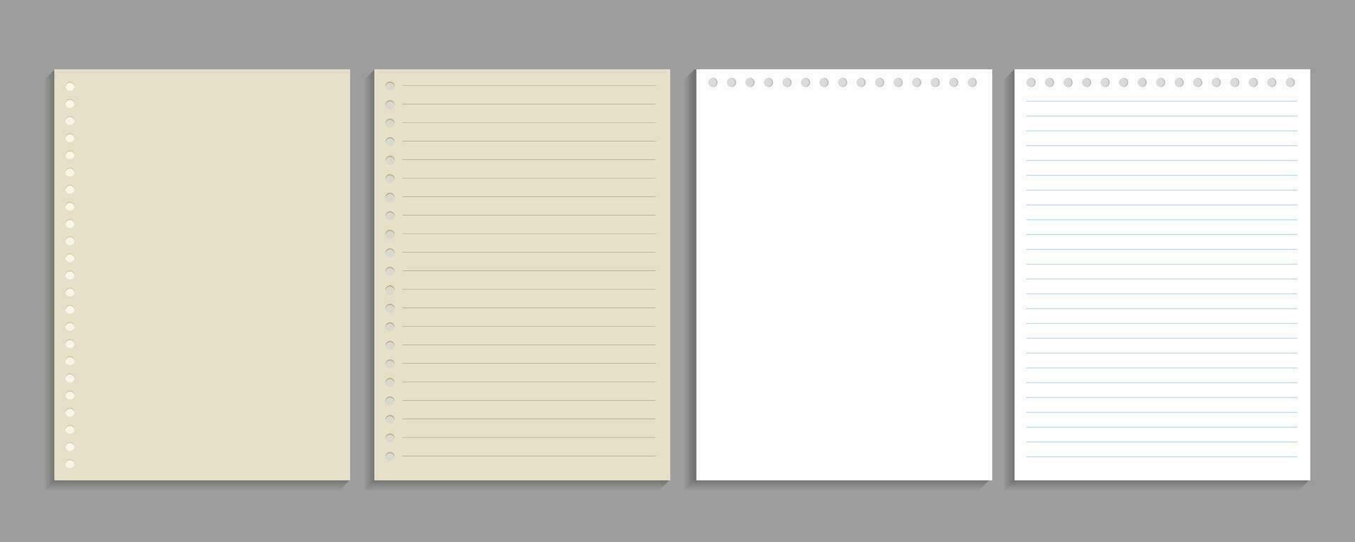 Realistic lined notepapers. Blank gridded notebook papers for homework and exercises. vector