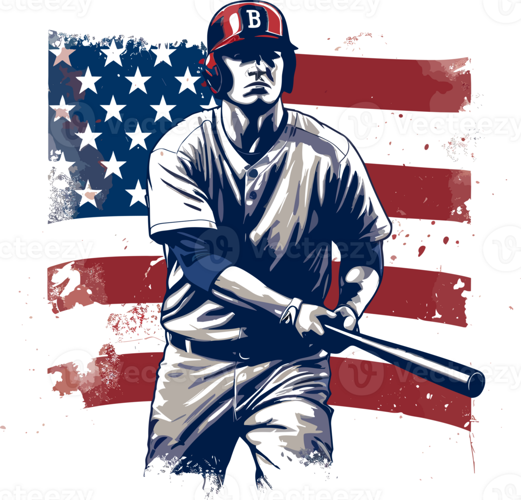 un béisbol jugador en frente de un Estados Unidos bandera, generativo ai png