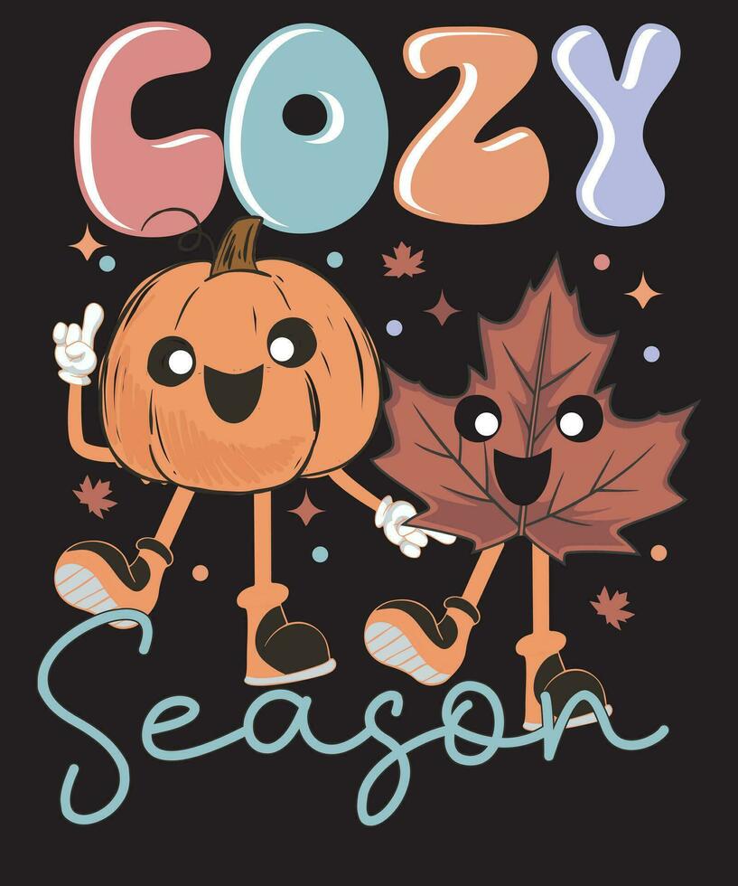 Cozy Season Retro Autumn pumpkin cute T shirt Design for fall vector