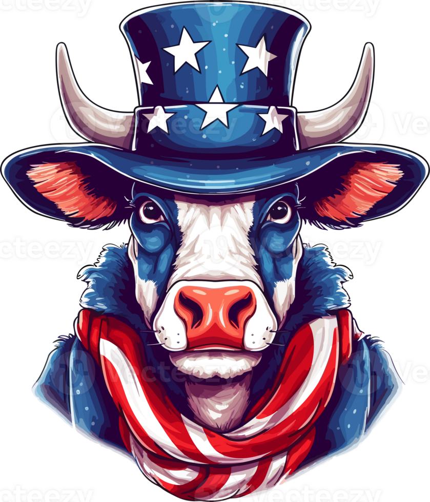 A patriotic cow wearing Uncle Sam hat, Generative Ai png