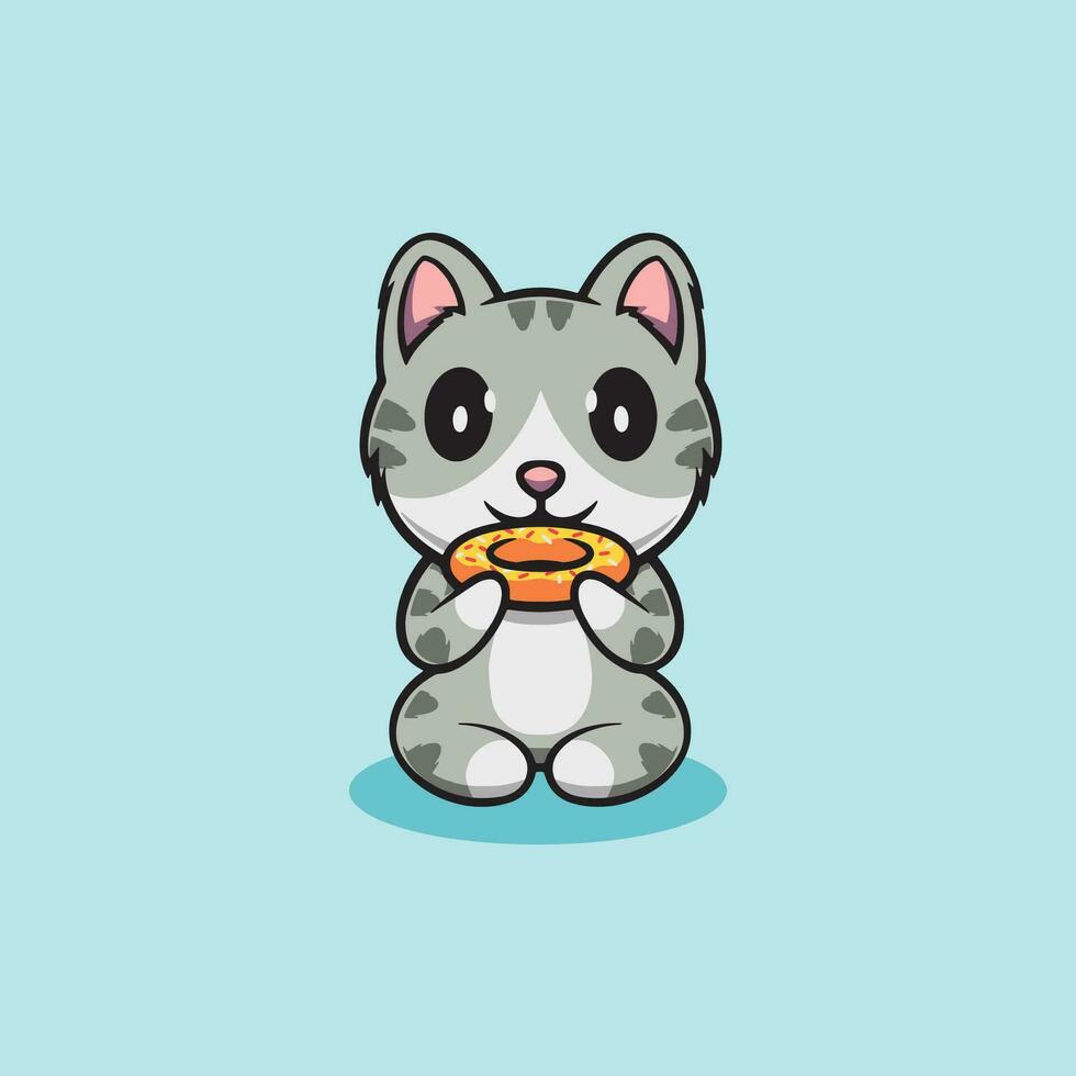 linda gato comiendo rosquilla dibujos animados icono ilustración vector