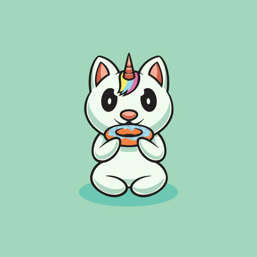 linda unicornio gato comiendo rosquilla dibujos animados icono ilustración vector
