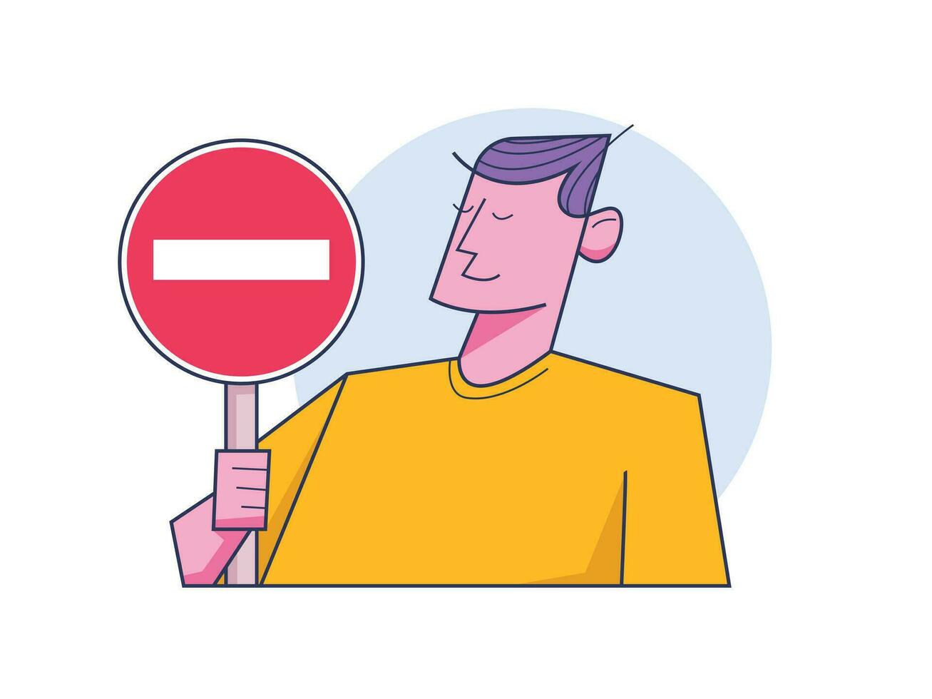 Stop sign and rejection concept, man character standing with red sign stop in hands vector