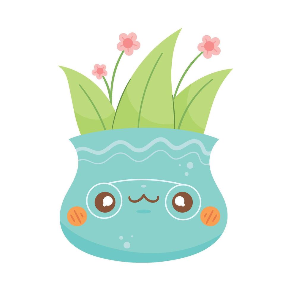 contento azul kawaii planta maceta diseño terminado blanco vector