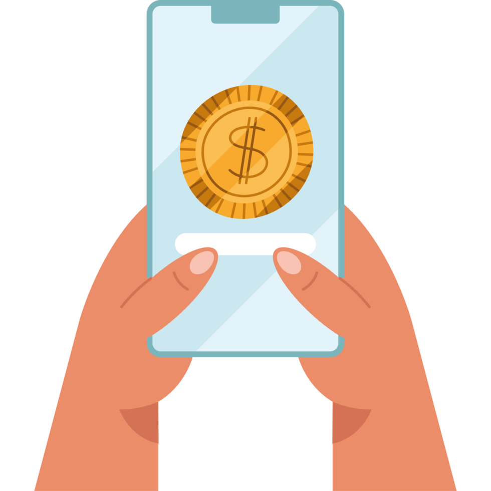 hands using smartphone with coin icon png