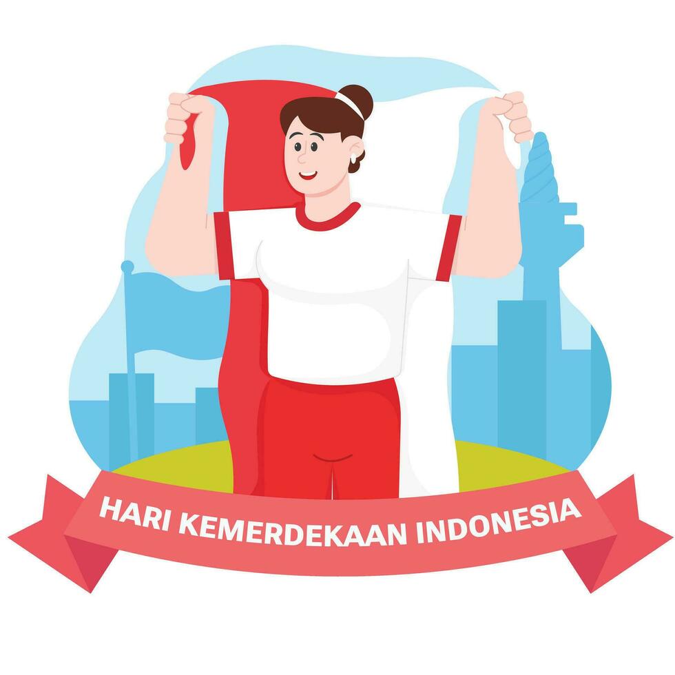 un mujer participación indonesio bandera en independencia día ilustración vector
