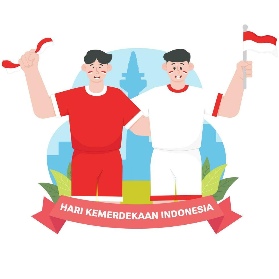 Two Men Embracing On Indonesia's Independence Day Illustration vector