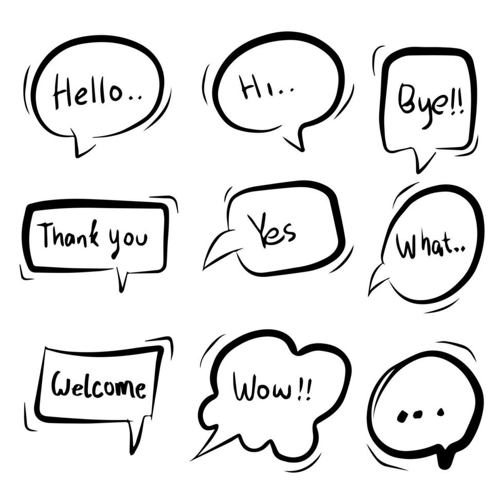 hand drawn Set of comic speech bubbles with words. hello, wow, hi, thank you, yes, what, welcome. Doodle vector illustration