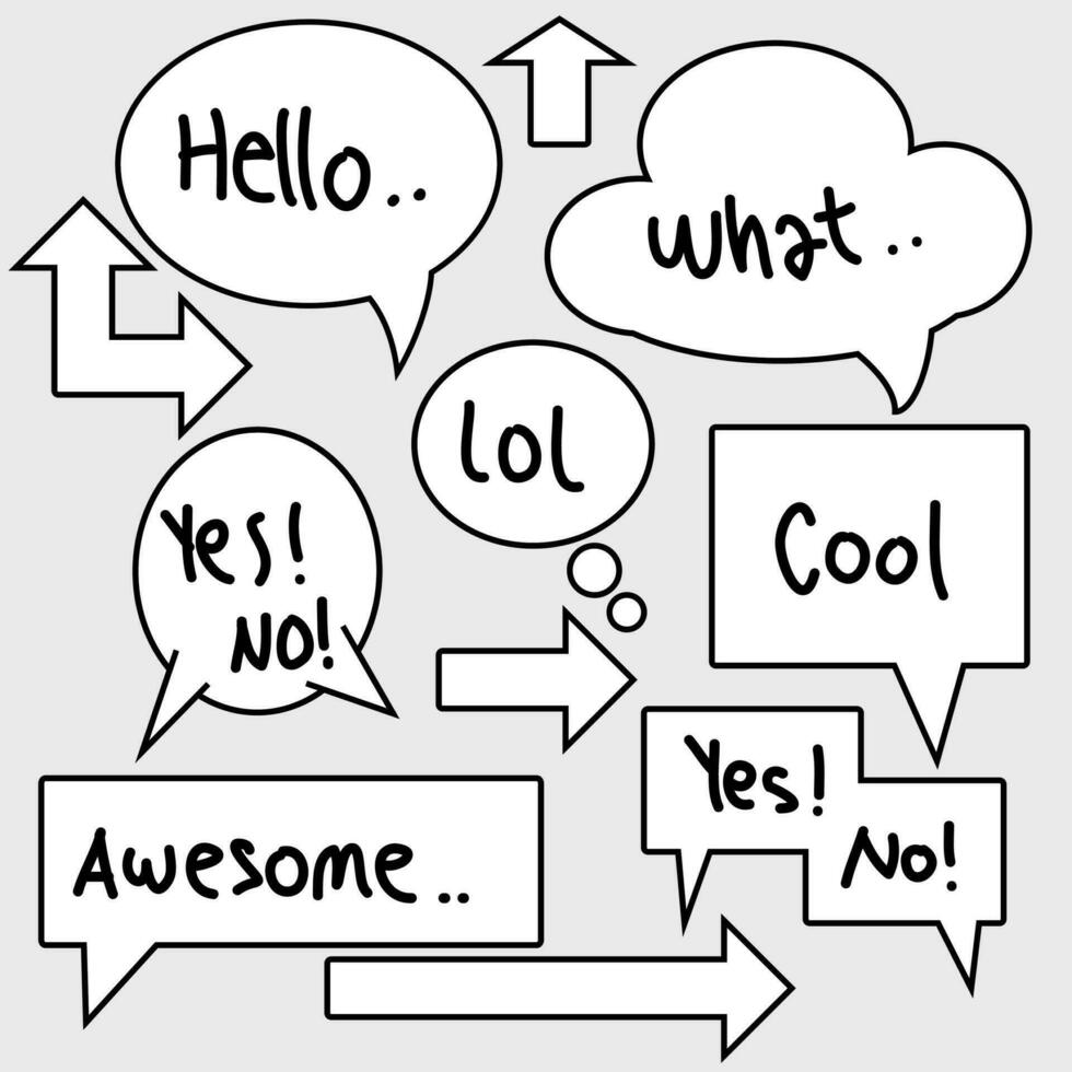 doodle Set of comic speech bubbles with words. hello, what, lol, cool, awesome, yes and no. vector illustration
