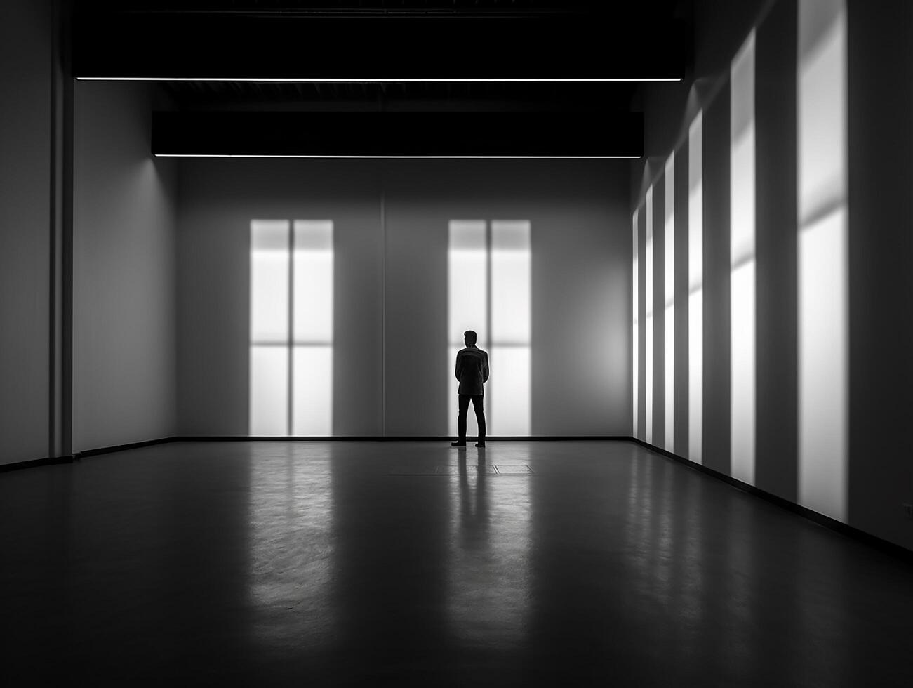 black and white picture of a silhouette in the empty room photo