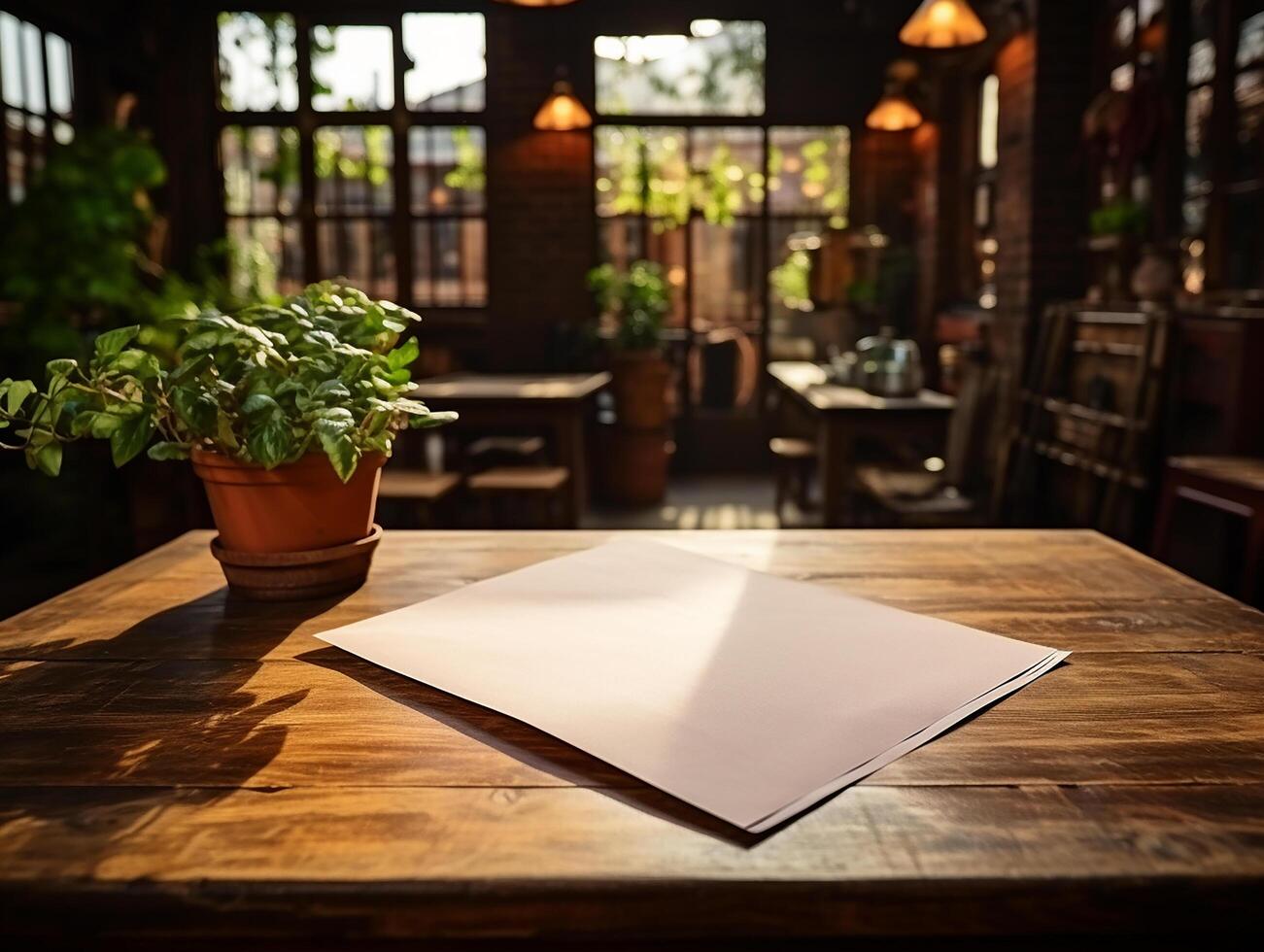 paper on the wooden table, real photography with smooth lighting and sun light AI generate photo