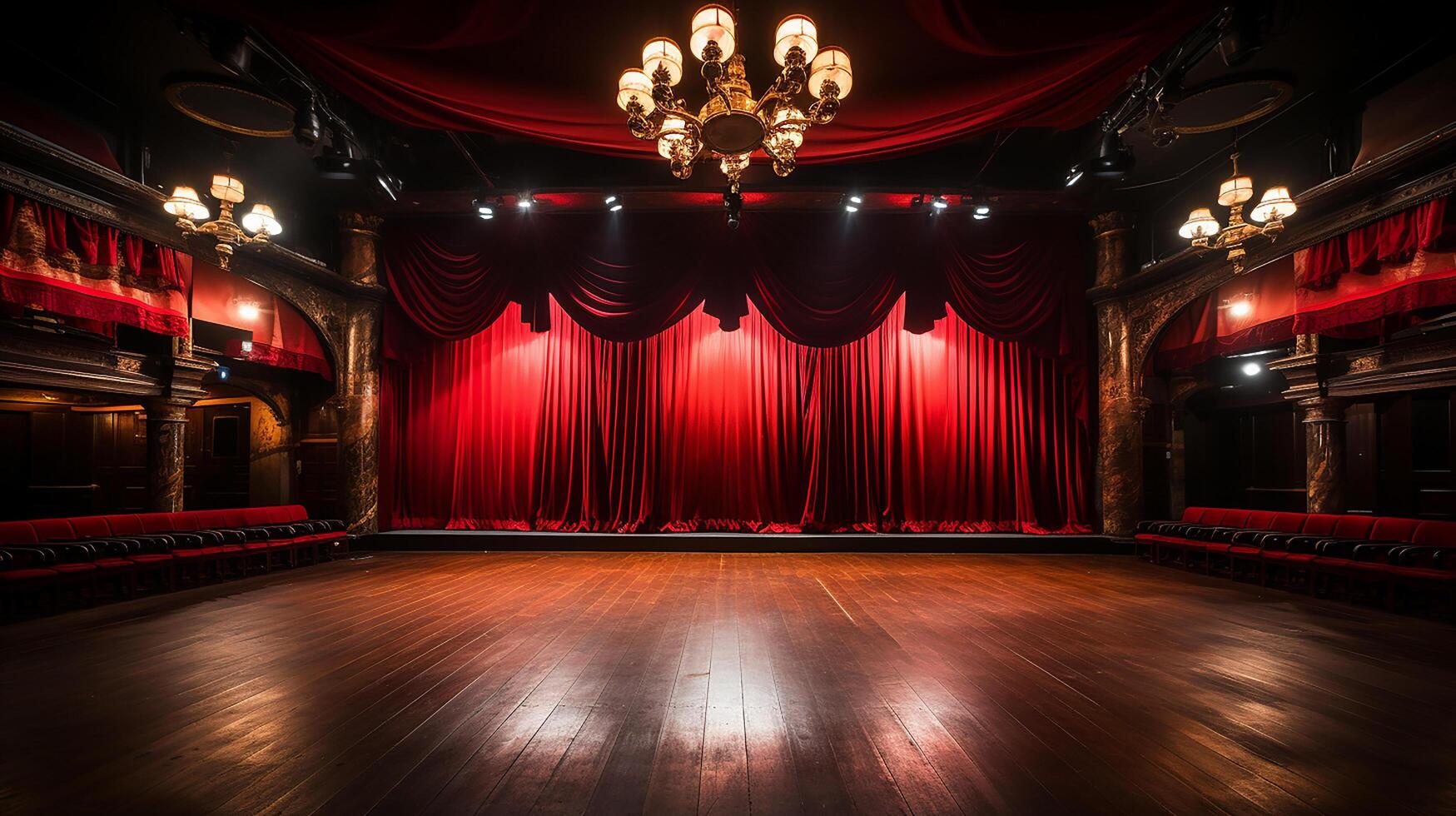 theater stage, with red curtain, wooden floor, chairs and lighting AI generative photo