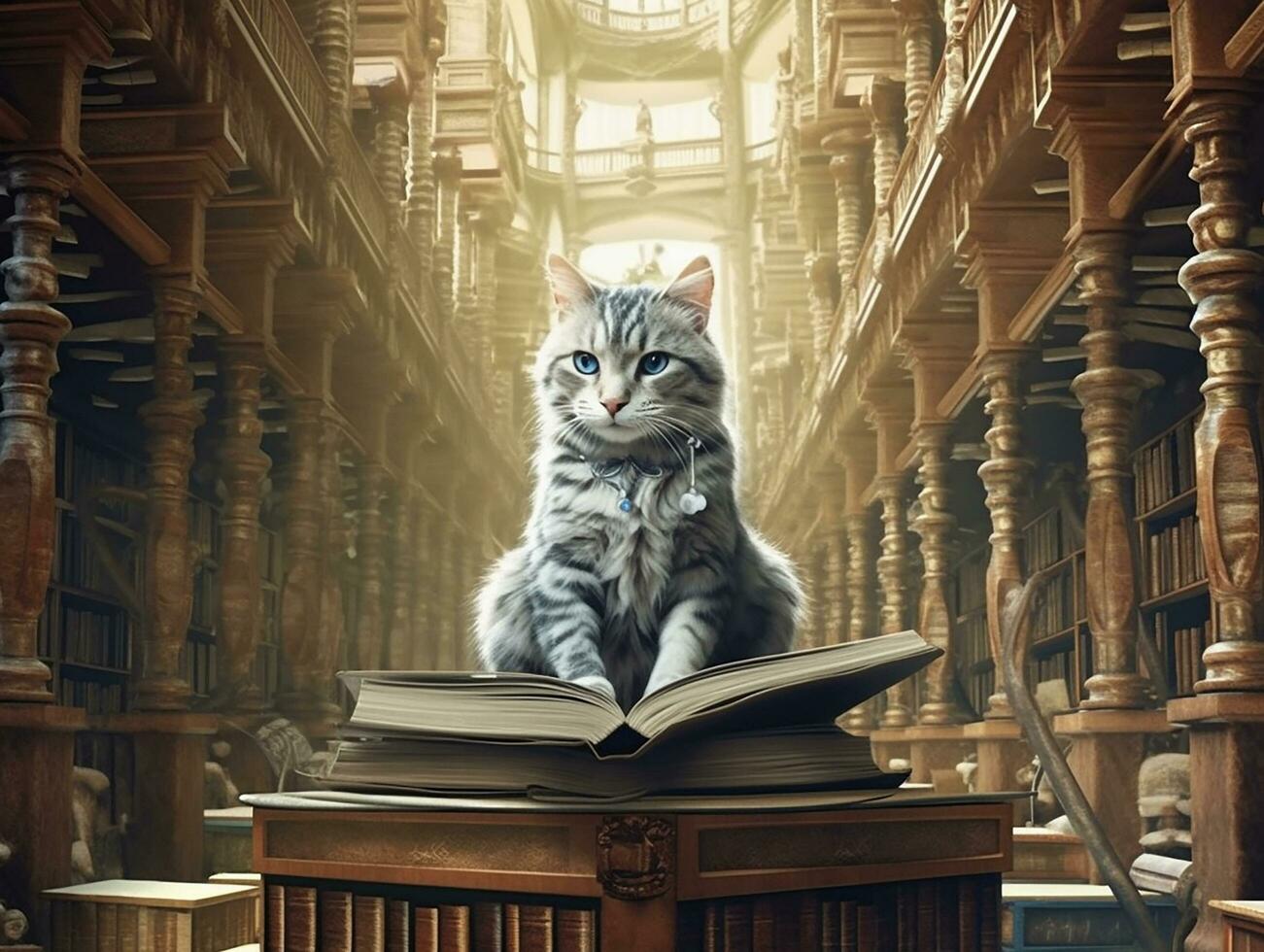 surrealist picture of a professor cat in a library, insane detail AI generative photo