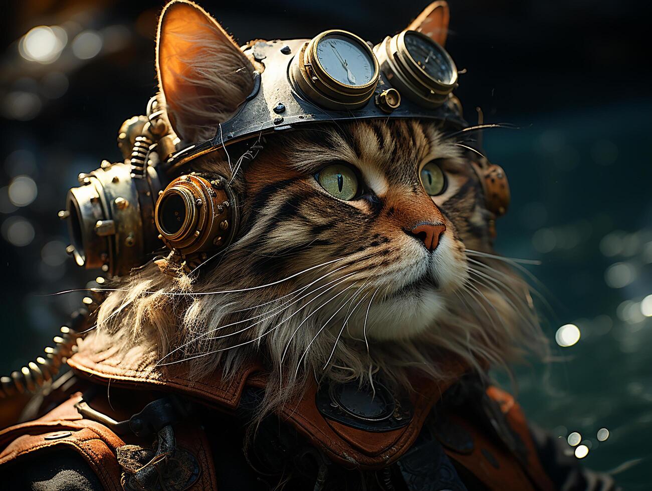 photography of steam punk cat in sea, insane detail AI generative photo