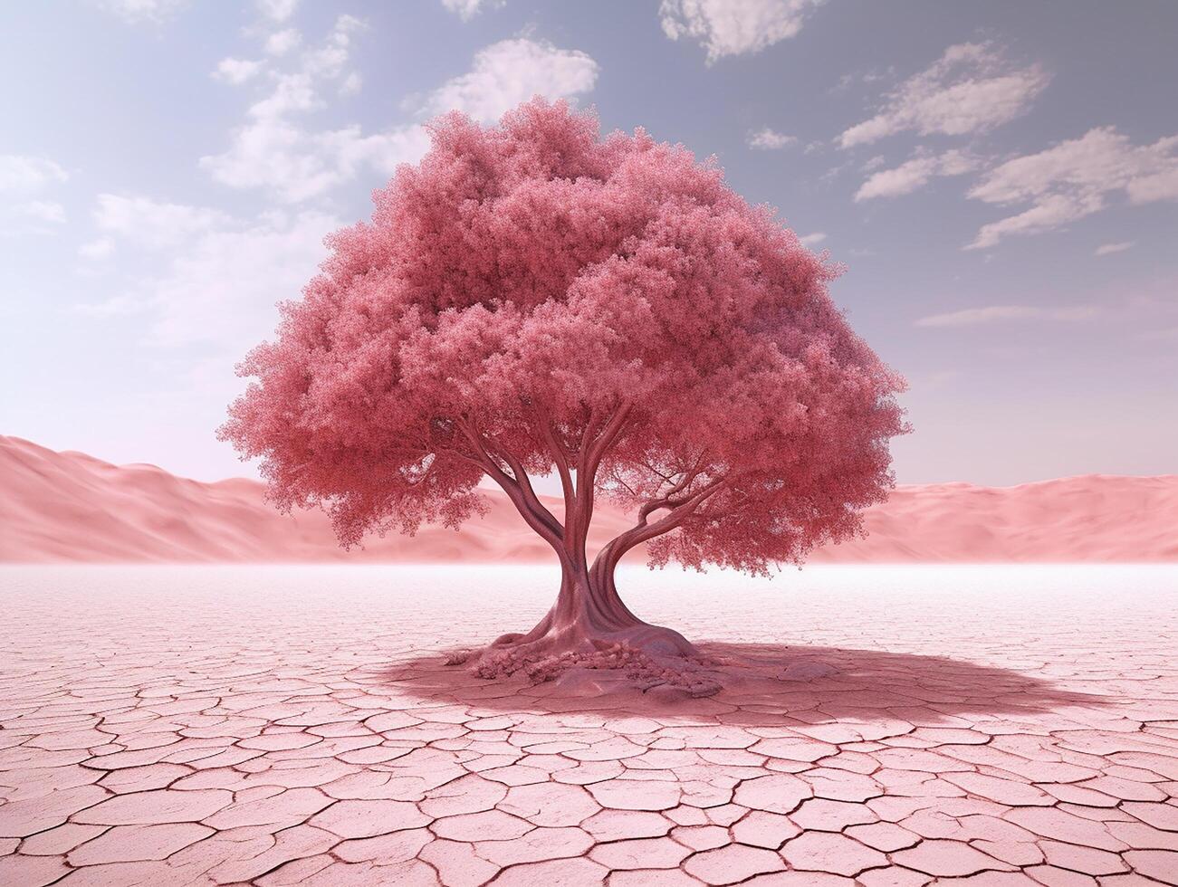 panoramic picture of a baby pink leafed tree in the middle of red utopia desert photo