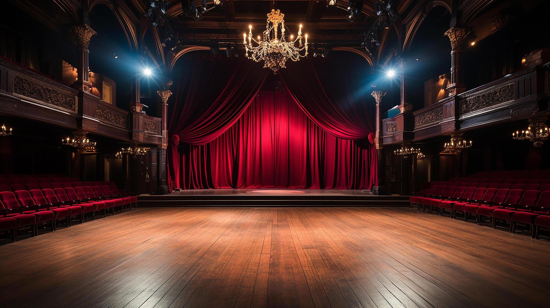 teatro escenario, con rojo cortina, de madera piso, sillas y Encendiendo ai generativo foto