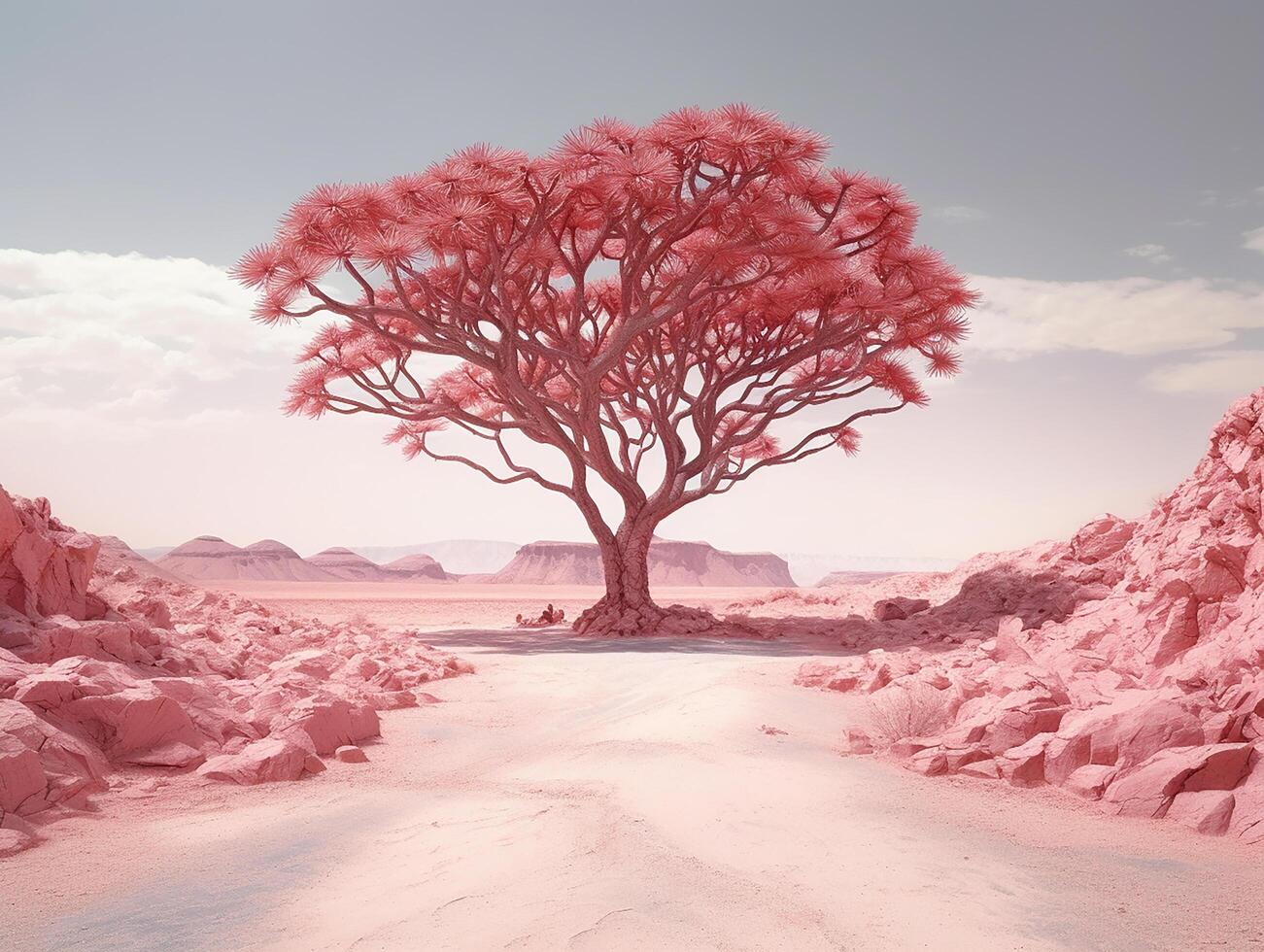 panoramic picture of a baby pink leafed tree in the middle of red utopia desert photo
