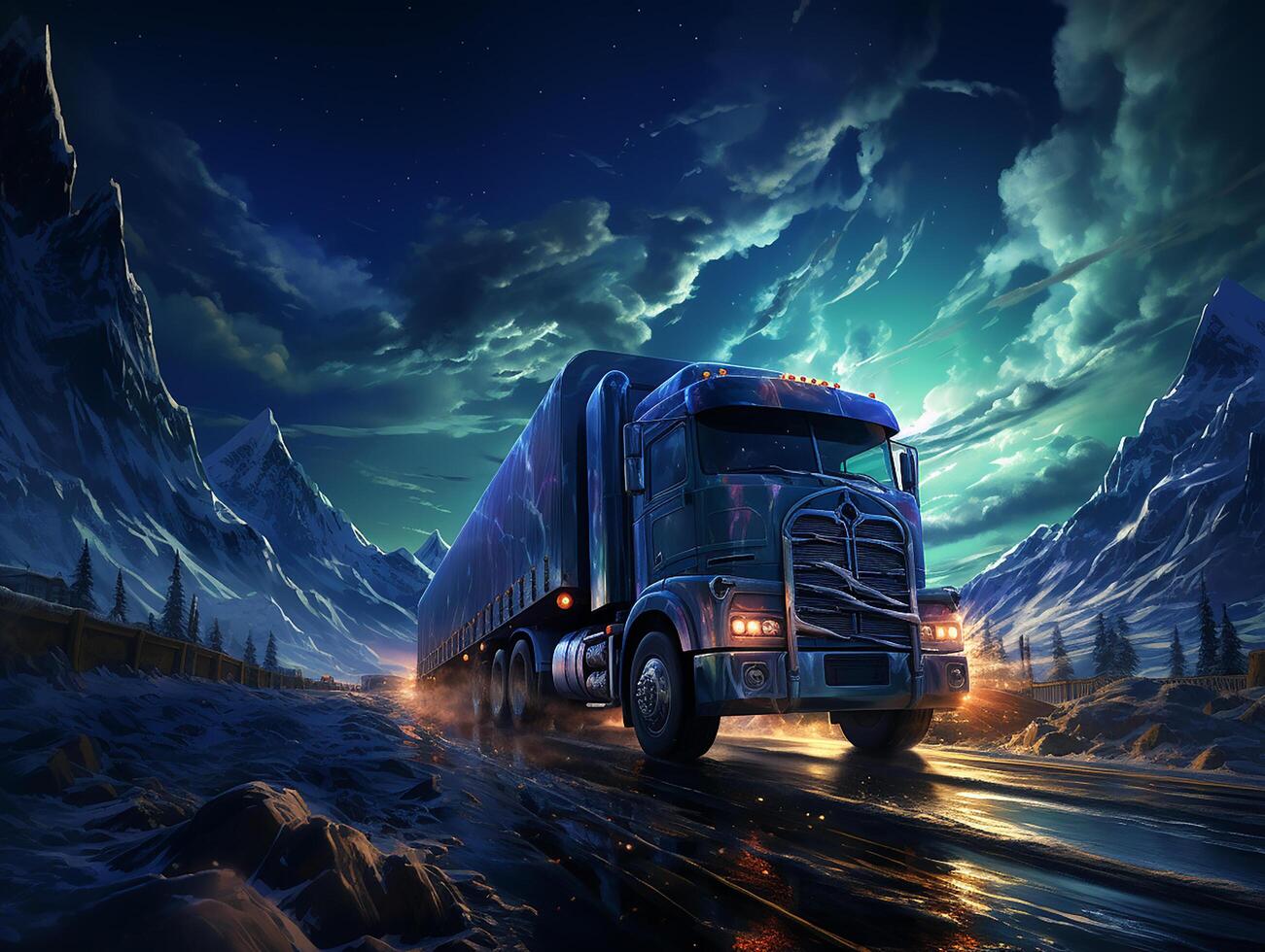 a white truck on highway, with galaxy background, insane detail made by AI generative photo