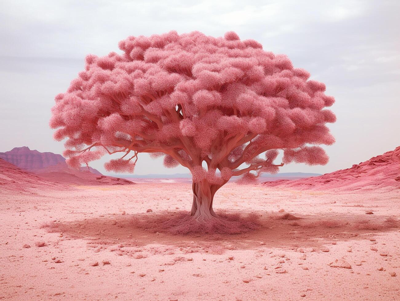 panoramic picture of a baby pink leafed tree in the middle of red utopia desert photo