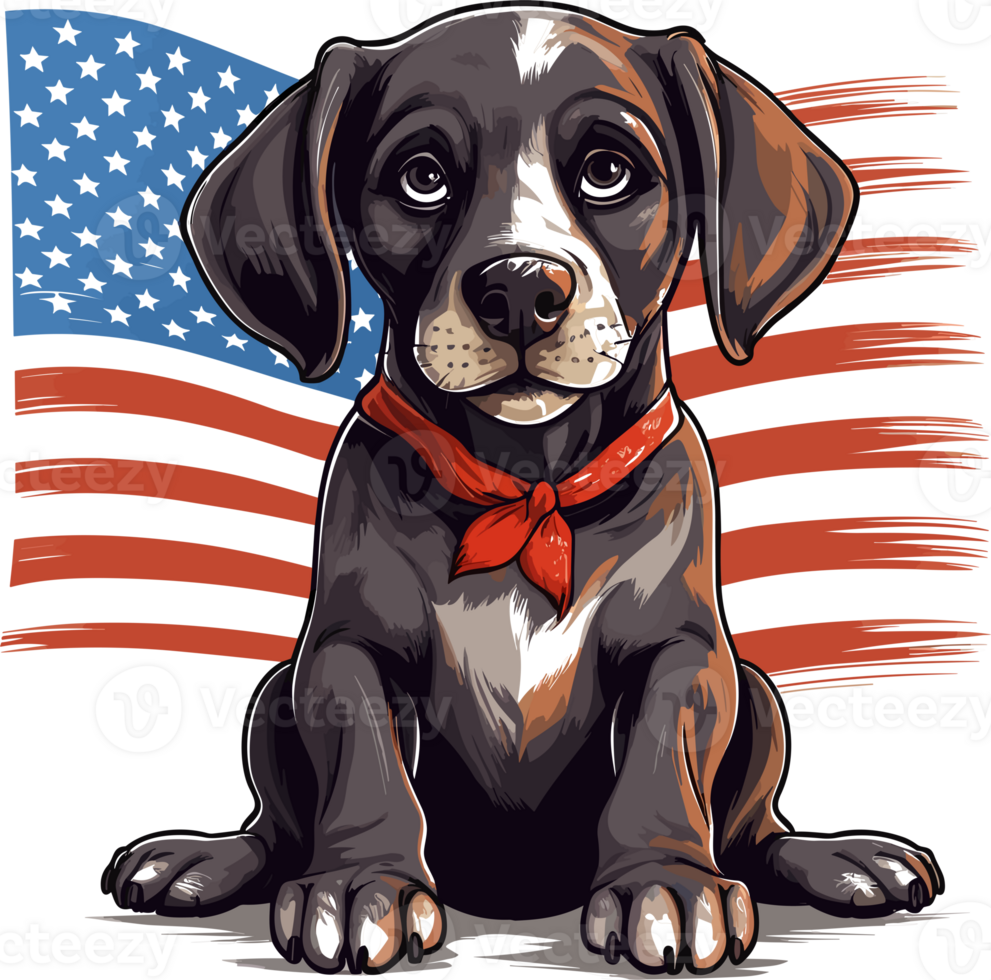 ett illustration, en patriotisk hund i främre av en usa, generativ ai png