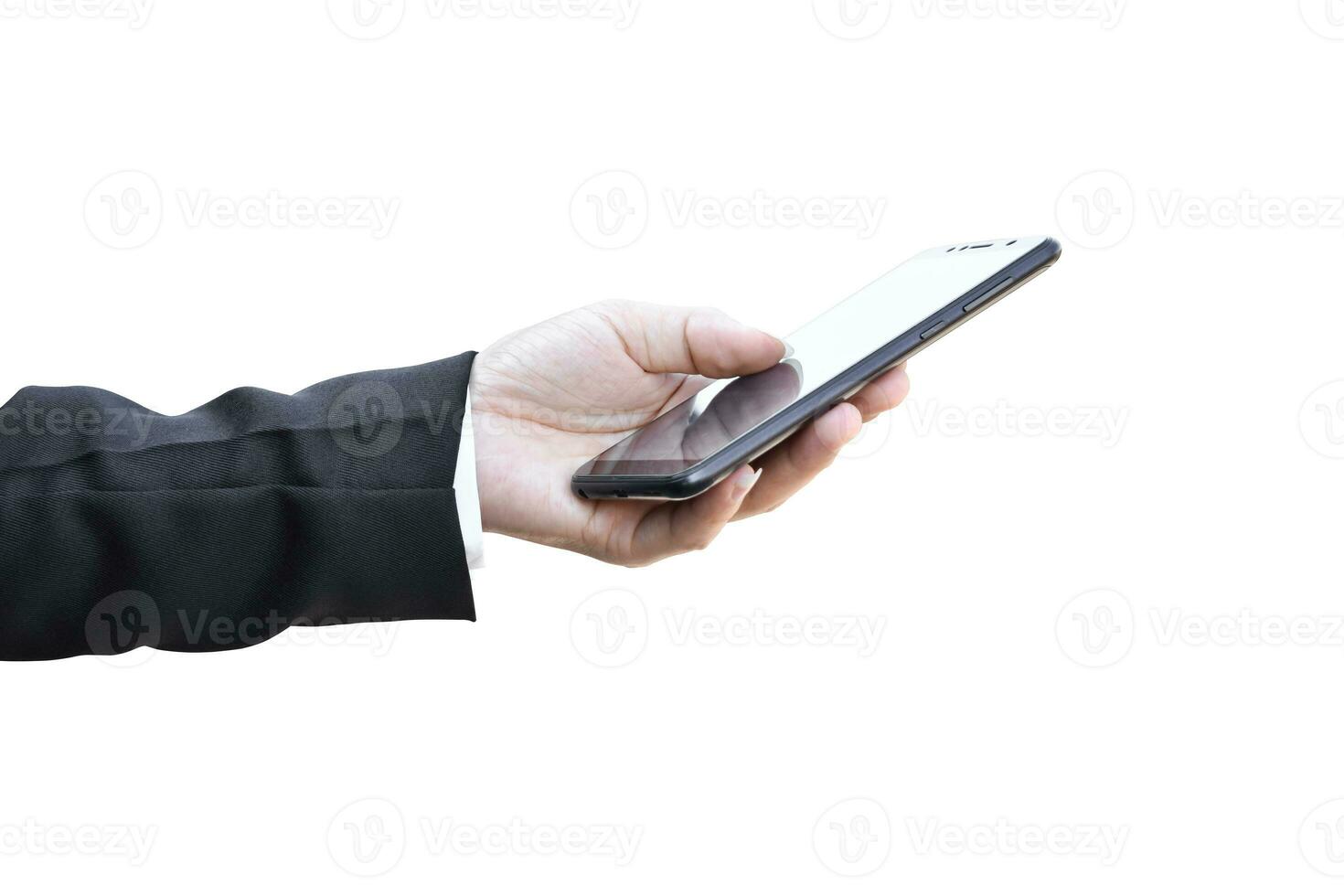 Businessman hand holding blank screen smartphone, Isolated on white background with clipping path. photo