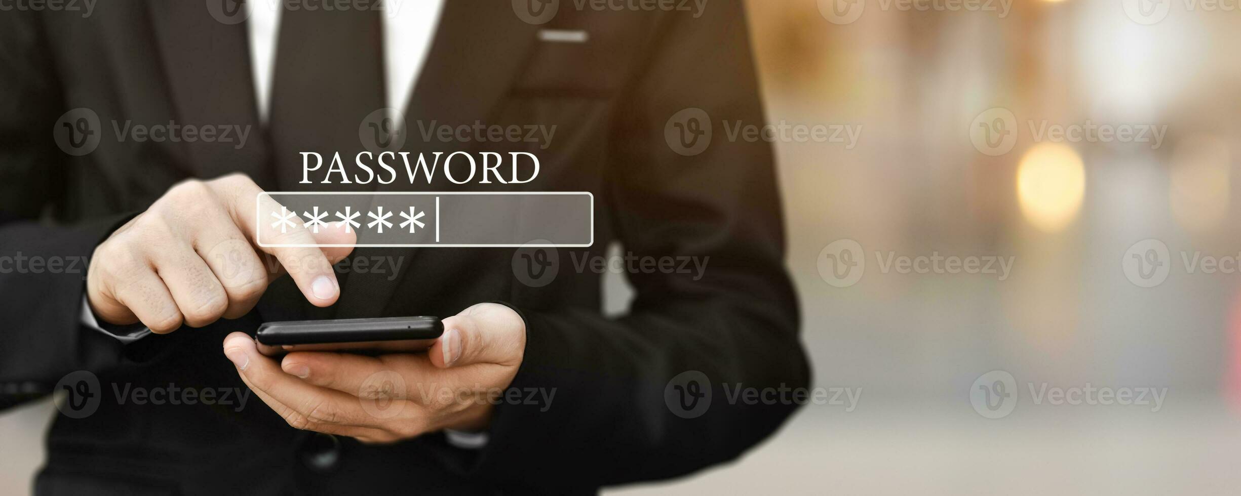 Mobile security concept. Businessman using mobile phone input Password for login. Pass code box in internet browser. photo