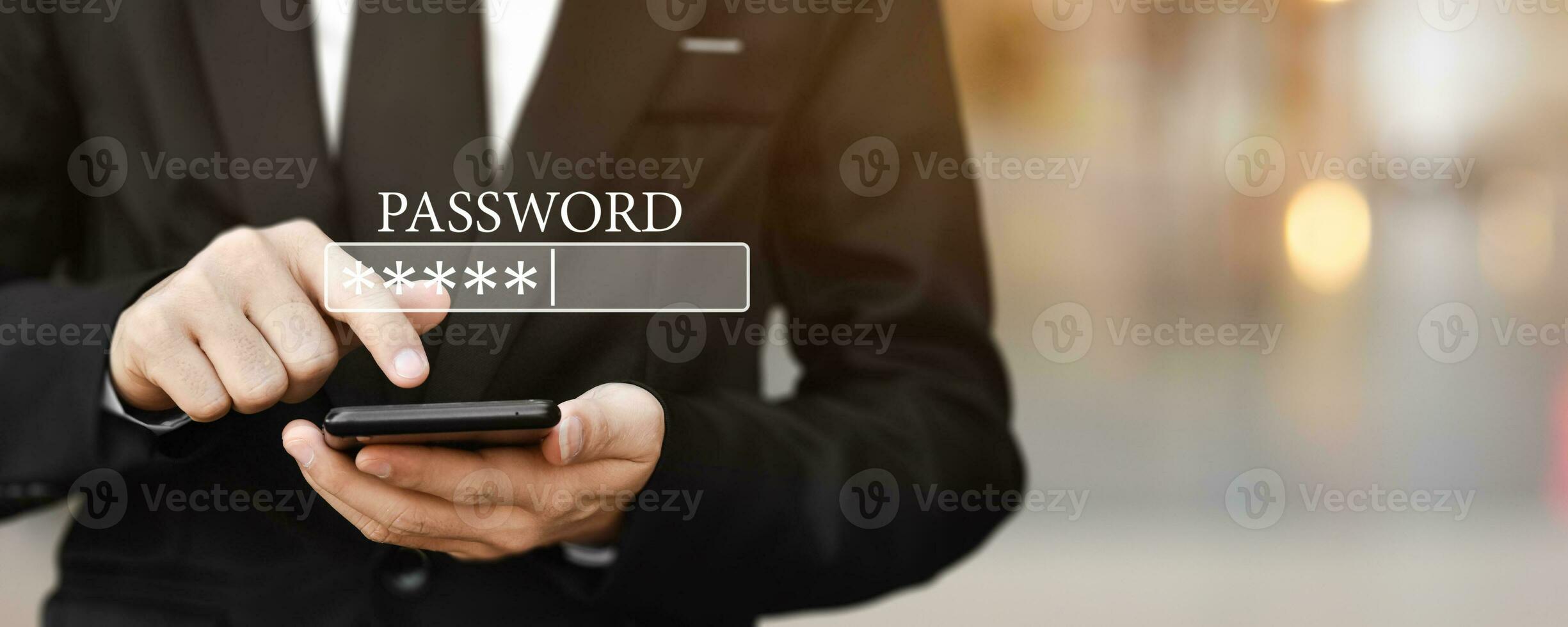 Mobile security concept. Businessman using mobile phone input Password for login. Pass code box in internet browser. photo