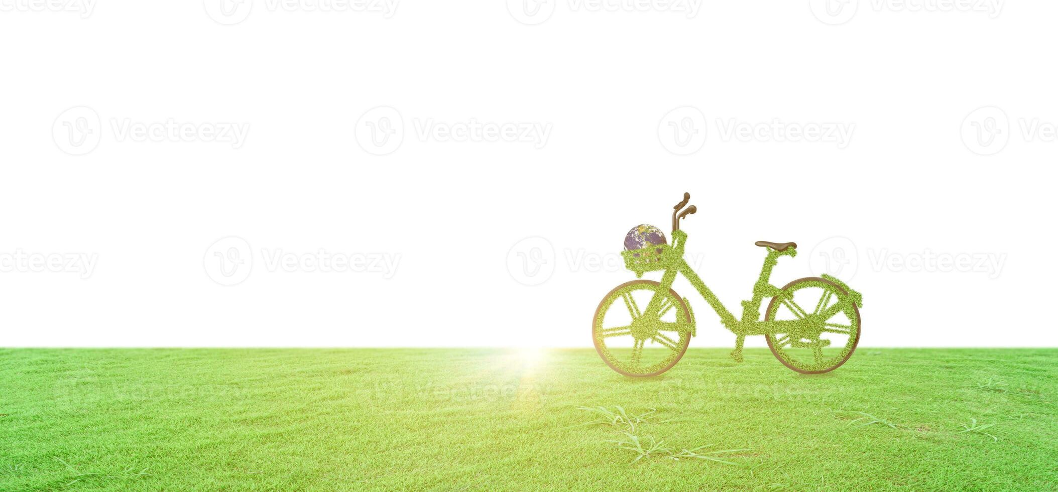 Green ecological bicycle and globe on green grass field isolated on white background. Environmentally friendly concept. image furnished by NASA photo