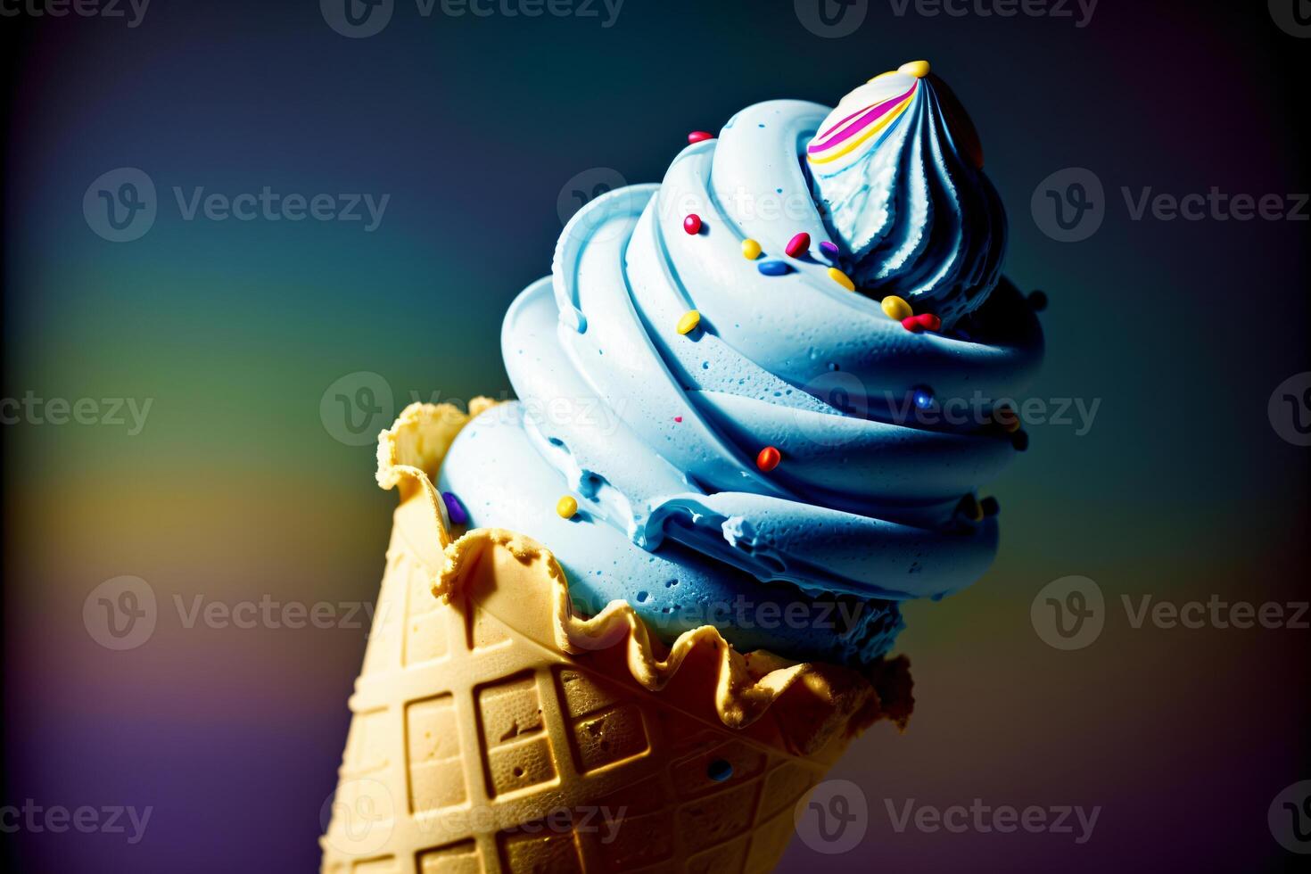 An Ice Cream Cone With Blue Icing And Sprinkles. photo