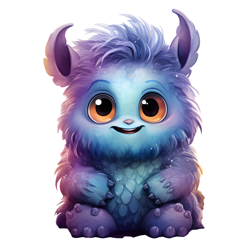 watercolor and cartoon illustration violet furry little cute monster. Generative AI Illustration. png